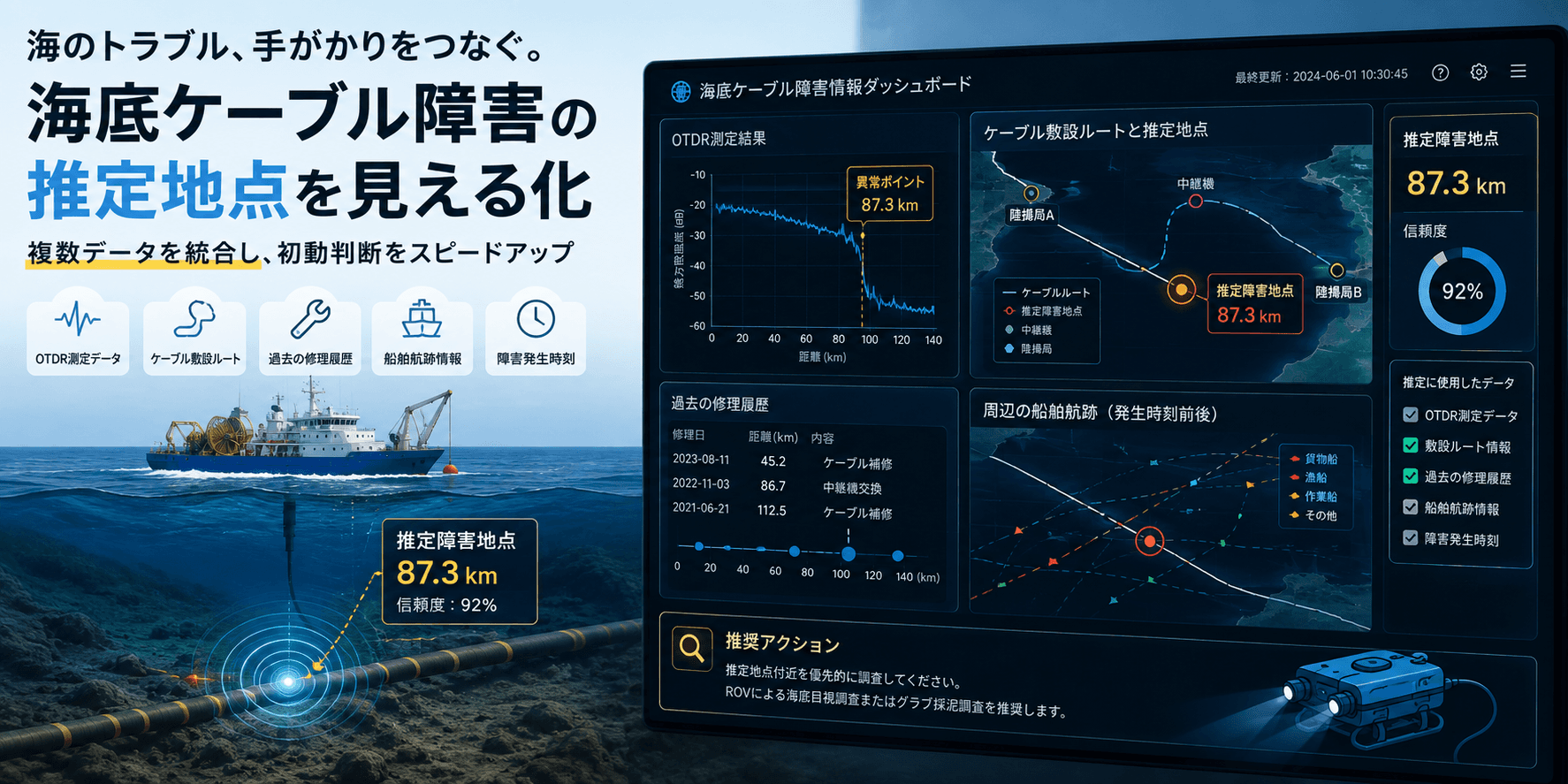 海のどこで切れた?海底ケーブル障害の手掛かりを一画面に集約