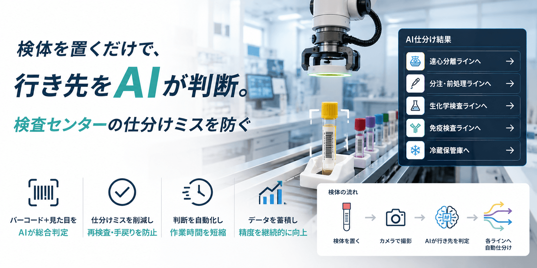 検体を置くだけで、行き先をAIが判断。検査センターの仕分けミスを防ぐ