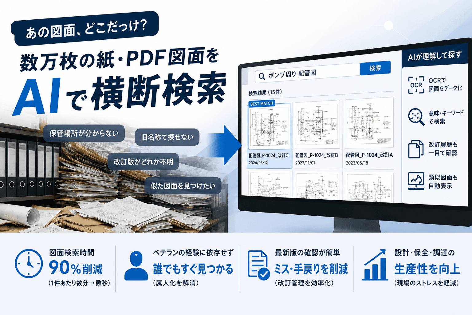 「あの図面、どこだっけ?」を終わらせる。数万枚の紙・PDF図面をAIで横断検索