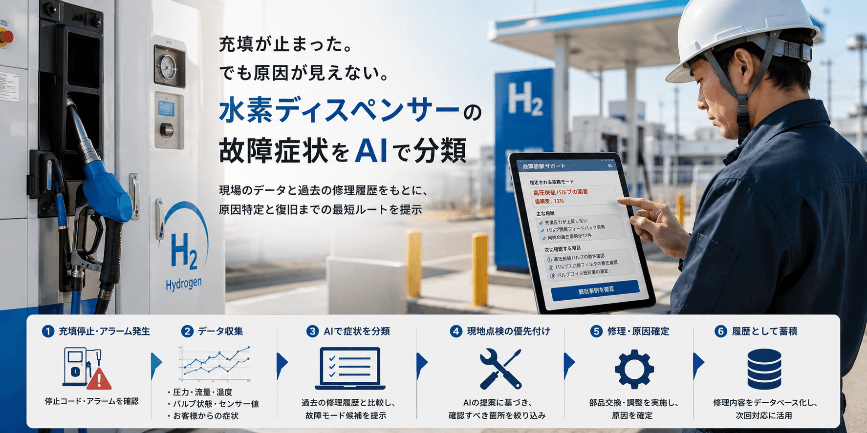 充填が止まった。でも原因が見えない。水素ディスペンサーの故障症状をAIで分類