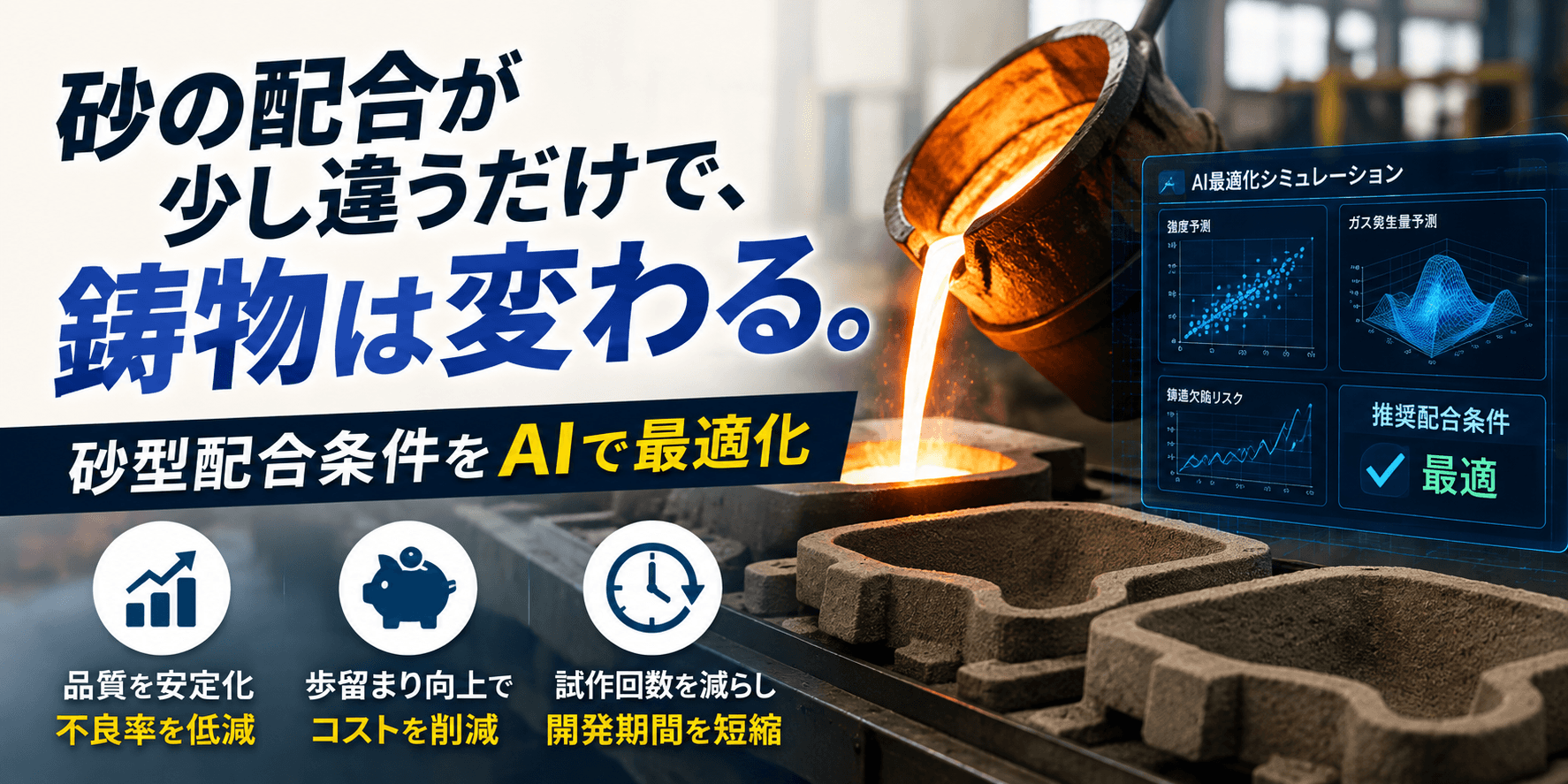 砂の配合が少し違うだけで、鋳物は変わる。砂型条件をAIで最適化